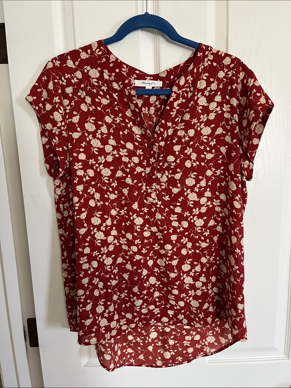 Women's Floral Split-Neck Blouse in Red and Cream